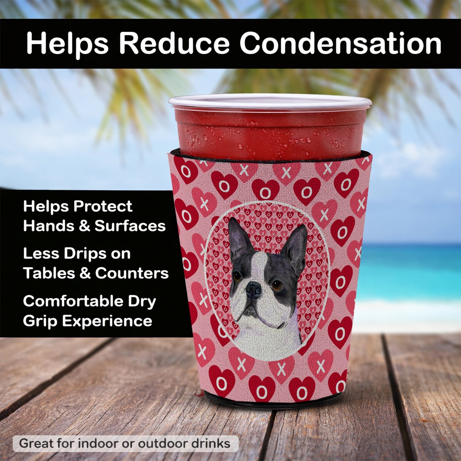 Boston Terrier Hearts Love Valentine's Day Red Cup Hugger Sleeve for 16–22 oz Party Cups, Insulated Foam Drink Holder for Iced Coffee, Tailgate & BBQ Reusable
