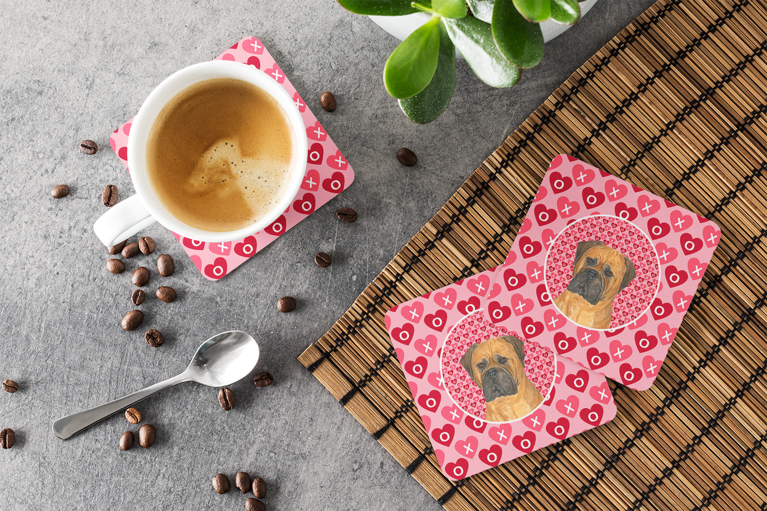 Bullmastiff Hearts Love and Valentine's Day Portrait Foam Coasters Set of 4 Cup Coasters for Indoor Outdoor, Tabletop Protection, Anti Slip, Mouse pad Material