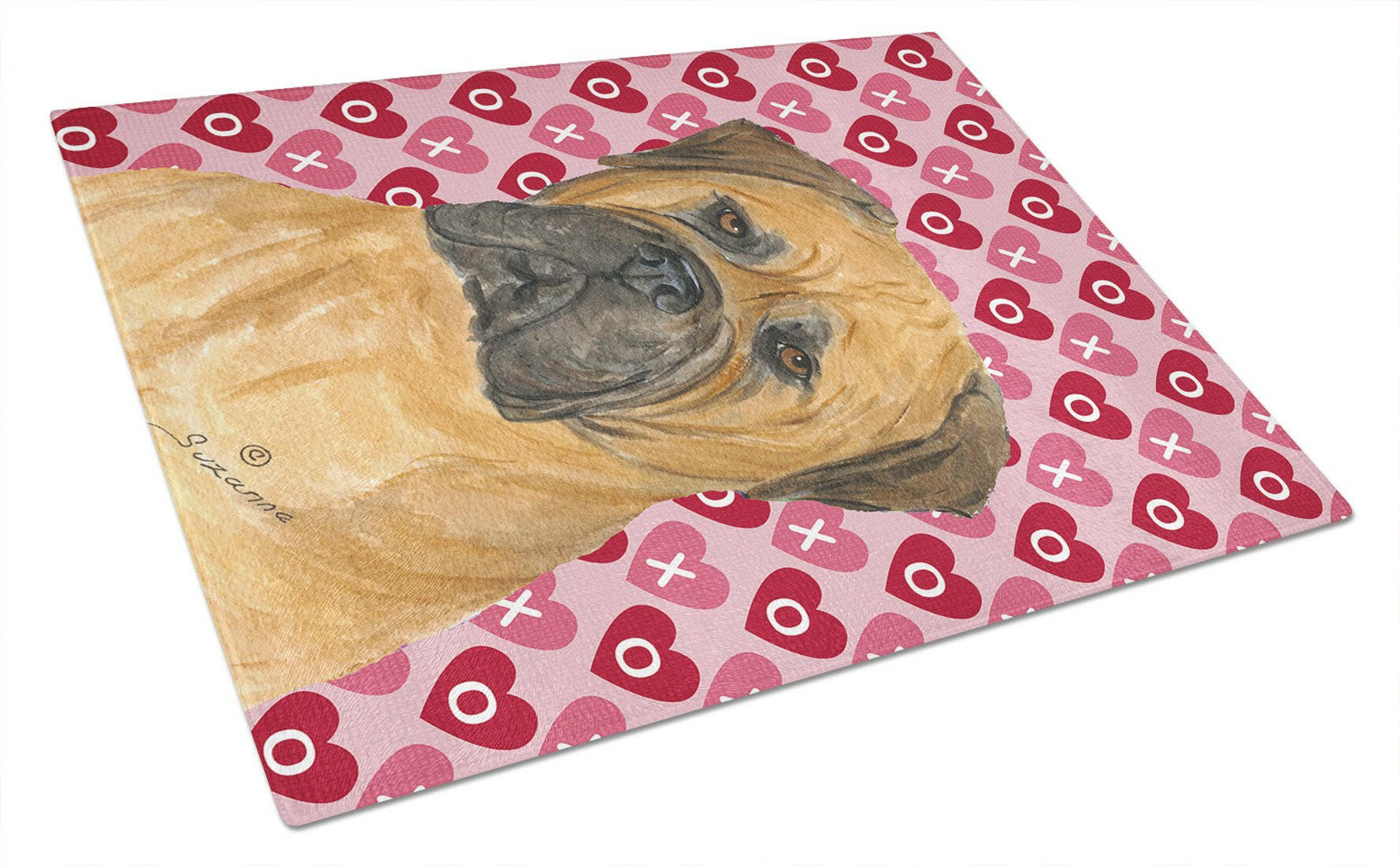 Bullmastiff Hearts Love and Valentine's Day Portrait Cutting Board Tempered Glass Kitchen Cutting Surface, Heat Resistant Chopping, Non-Slip Feet, Food Prep & Serving