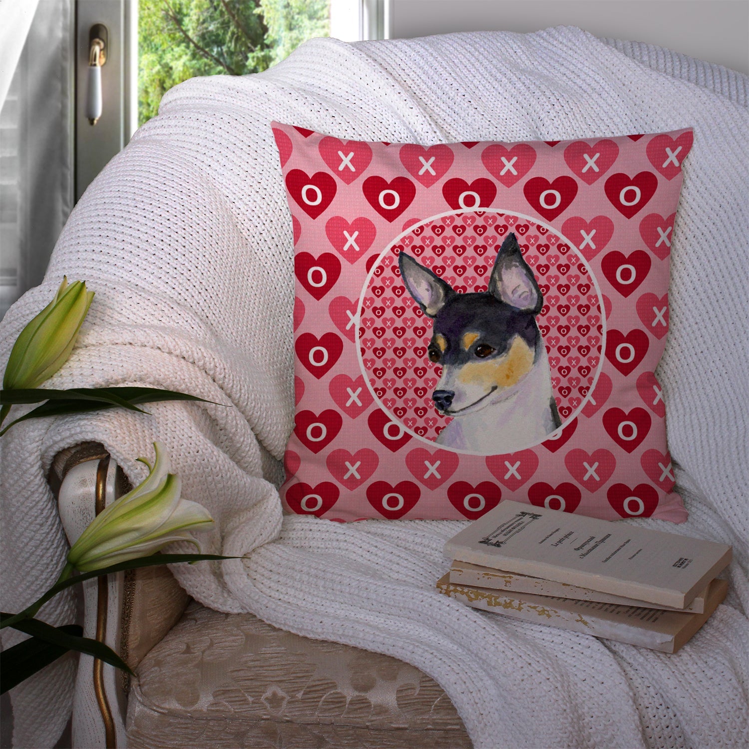 Chihuahua Hearts Love and Valentine's Day Portrait Decorative Throw Pillow 14x14 Indoor Outdoor Accent Cushion, Fabric Cover with Insert for Sofa, Bed, Porch & Living Room