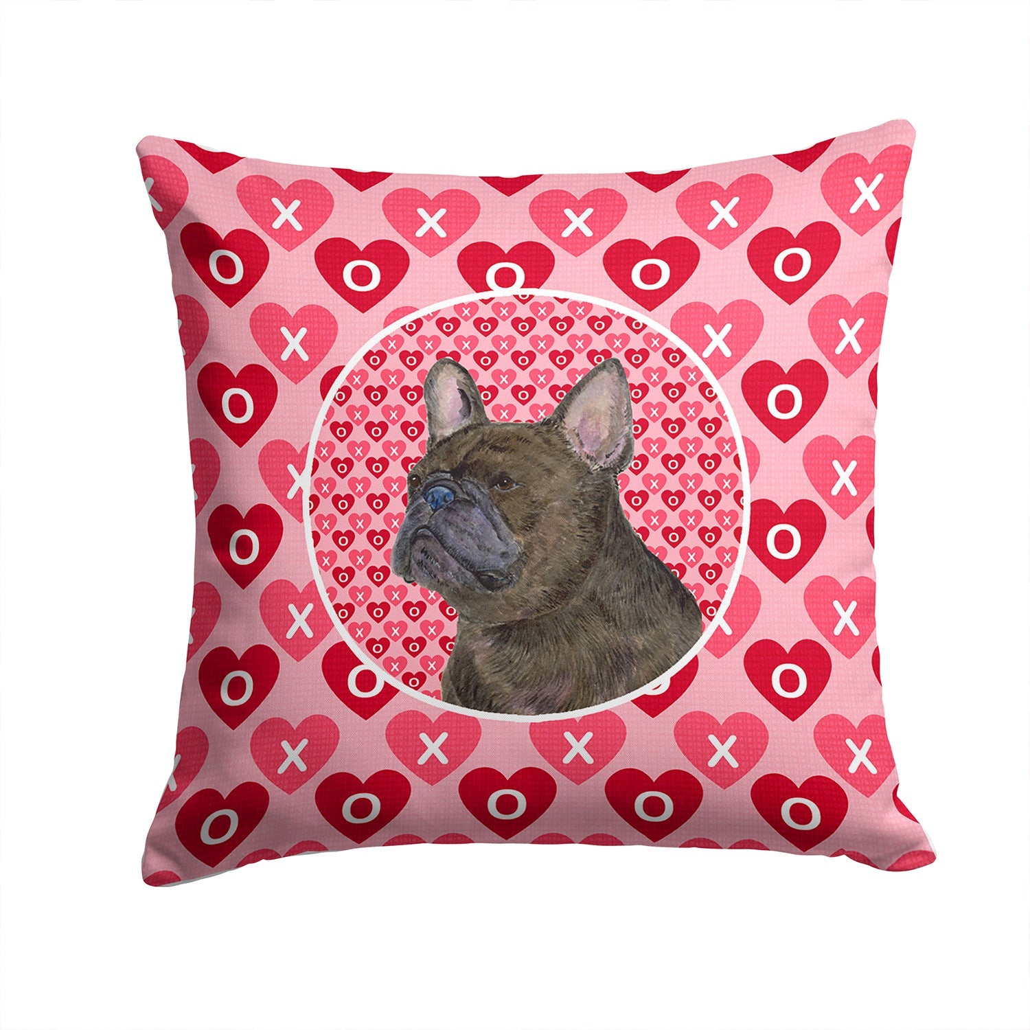 French Bulldog Hearts Love and Valentine's Day Portrait Decorative Throw Pillow 14x14 Indoor Outdoor Accent Cushion, Fabric Cover with Insert for Sofa, Bed, Porch & Living Room