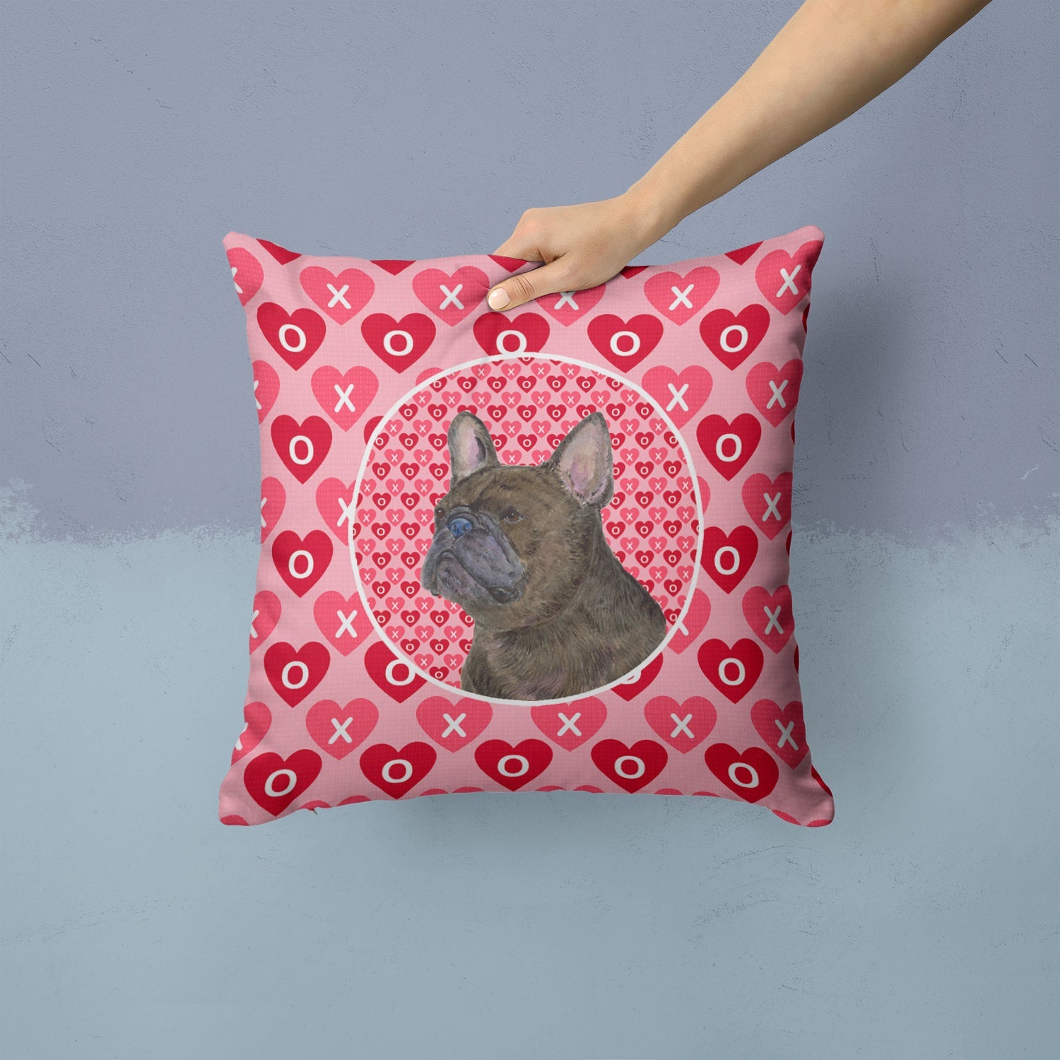 French Bulldog Hearts Love and Valentine's Day Portrait Decorative Throw Pillow 14x14 Indoor Outdoor Accent Cushion, Fabric Cover with Insert for Sofa, Bed, Porch & Living Room