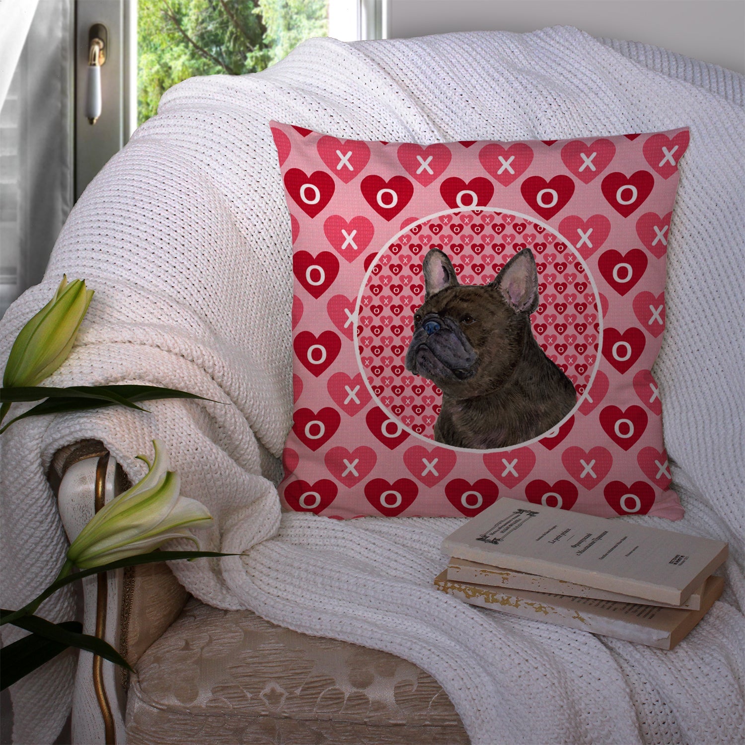 French Bulldog Hearts Love and Valentine's Day Portrait Decorative Throw Pillow 14x14 Indoor Outdoor Accent Cushion, Fabric Cover with Insert for Sofa, Bed, Porch & Living Room
