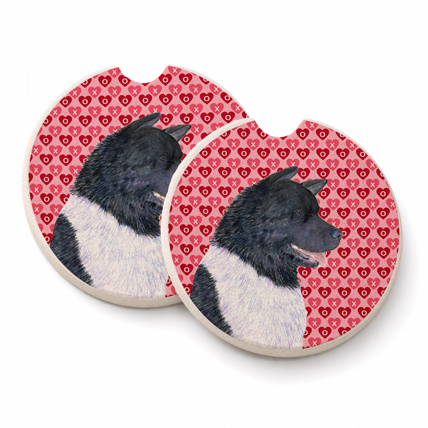 Akita Hearts Love and Valentine's Day Portrait Set of 2 Cup Holder Car Coasters Absorbent Round Sandstone Coasters Gifts for Men or Women, 2.5, Multicolor