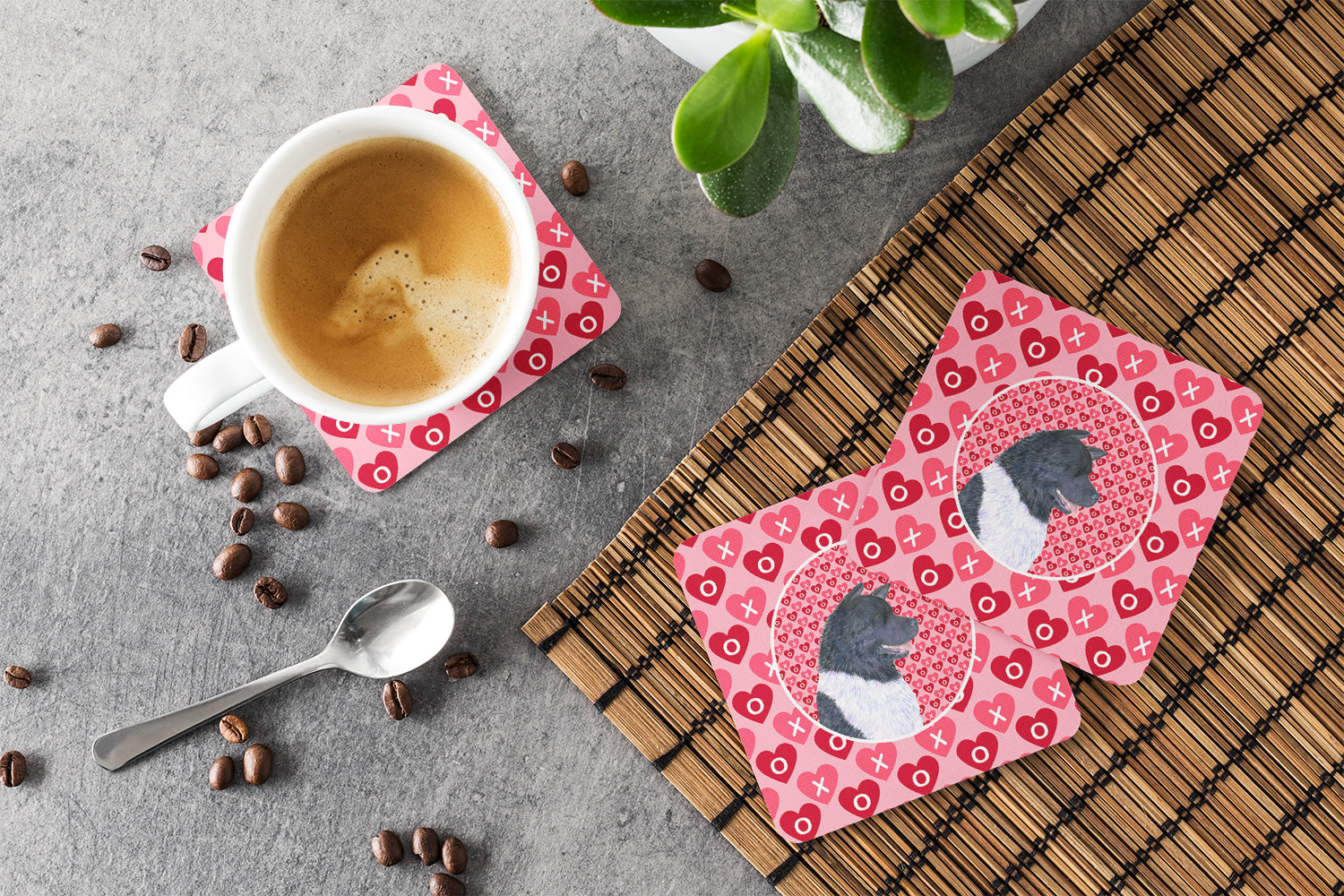 Akita Hearts Love and Valentine's Day Portrait Foam Coasters Set of 4 Cup Coasters for Indoor Outdoor, Tabletop Protection, Anti Slip, Mouse pad Material