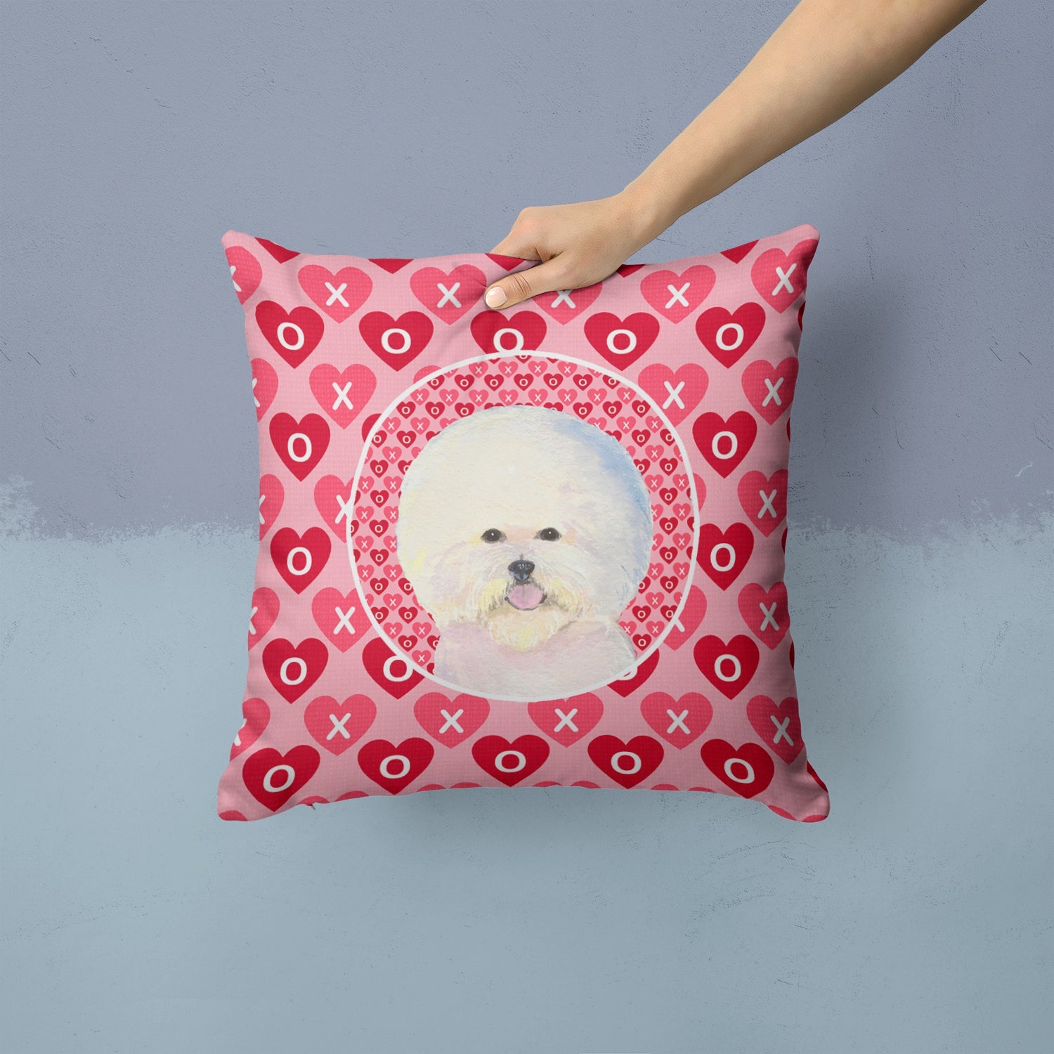 Bichon Frise Hearts Love and Valentine's Day Portrait Decorative Throw Pillow 14x14 Indoor Outdoor Accent Cushion, Fabric Cover with Insert for Sofa, Bed, Porch & Living Room