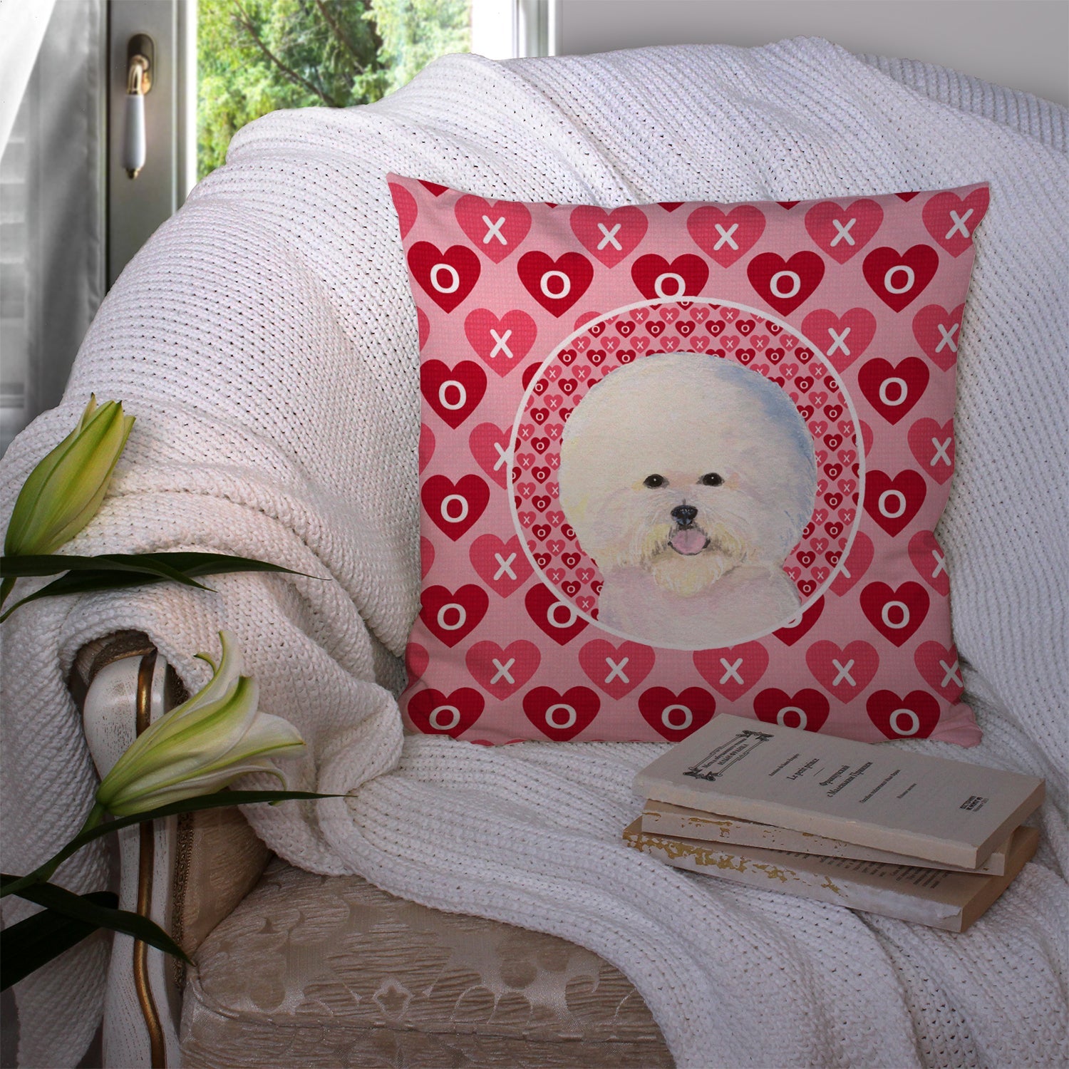 Bichon Frise Hearts Love and Valentine's Day Portrait Decorative Throw Pillow 14x14 Indoor Outdoor Accent Cushion, Fabric Cover with Insert for Sofa, Bed, Porch & Living Room