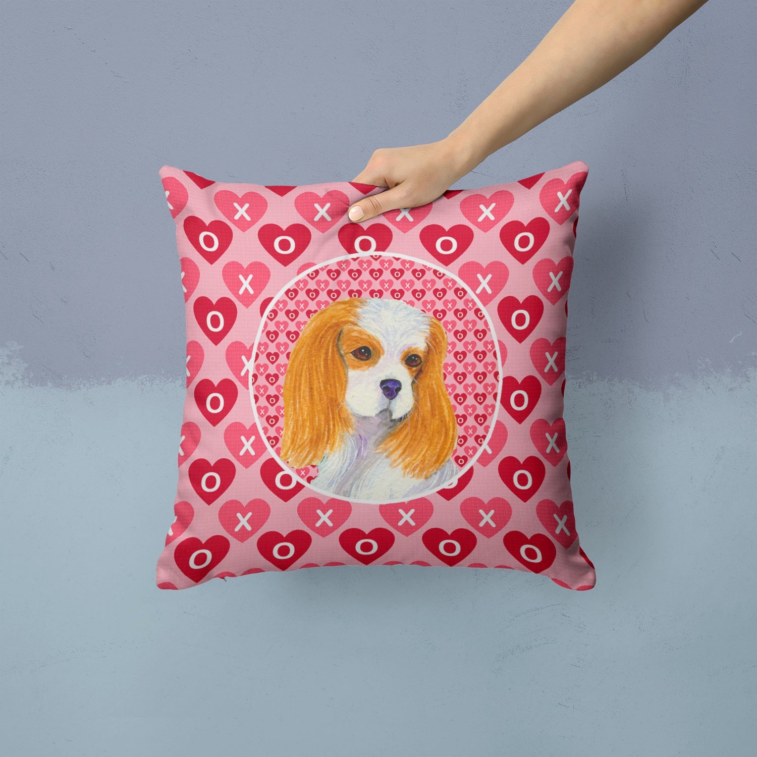 Cavalier Spaniel Hearts Love and Valentine's Day Portrait Decorative Throw Pillow 14x14 Indoor Outdoor Accent Cushion, Fabric Cover with Insert for Sofa, Bed, Porch & Living Room