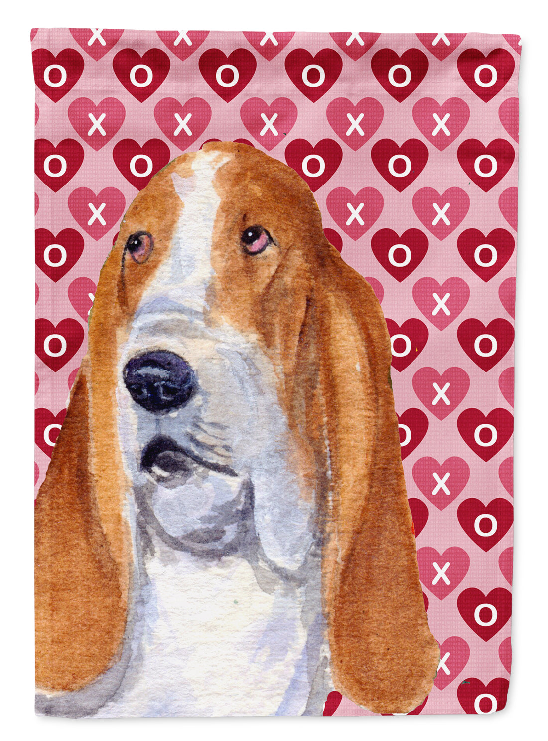 Basset Hound Hearts Love and Valentine's Day Portrait House Flag 28x40 Porch Sleeve Pole Decorative Outside Yard Banner Artwork Wall Hanging, Polyester