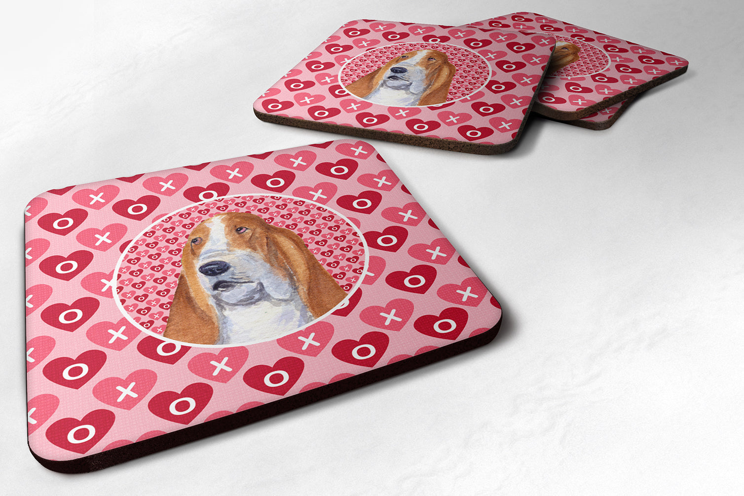 Basset Hound Hearts Love and Valentine's Day Portrait Foam Coasters Set of 4 Cup Coasters for Indoor Outdoor, Tabletop Protection, Anti Slip, Mouse pad Material