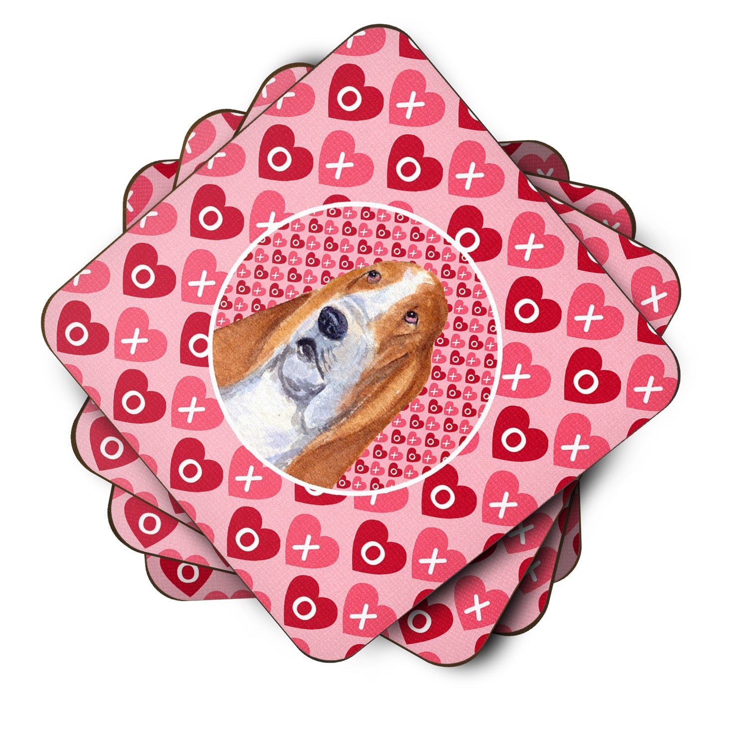 Basset Hound Hearts Love and Valentine's Day Portrait Foam Coasters Set of 4 Cup Coasters for Indoor Outdoor, Tabletop Protection, Anti Slip, Mouse pad Material