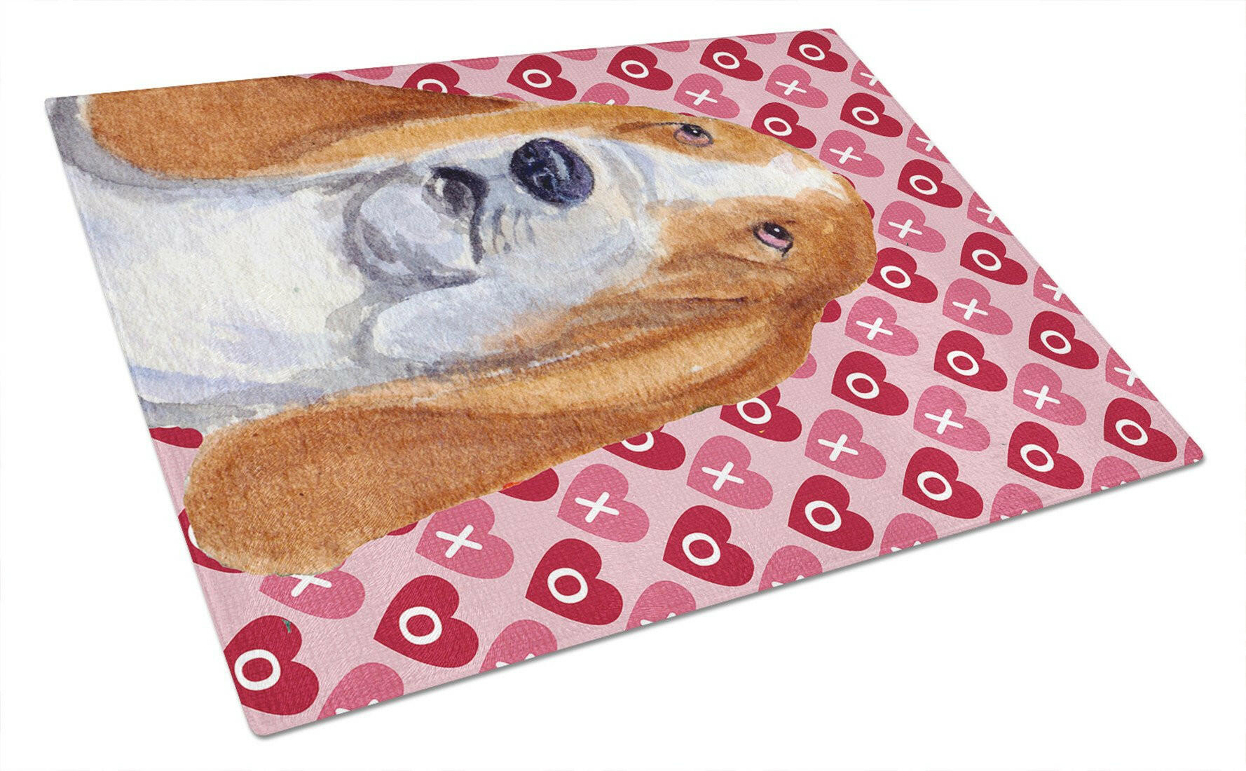 Basset Hound Hearts Love and Valentine's Day Portrait Cutting Board Tempered Glass Kitchen Cutting Surface, Heat Resistant Chopping, Non-Slip Feet, Food Prep & Serving