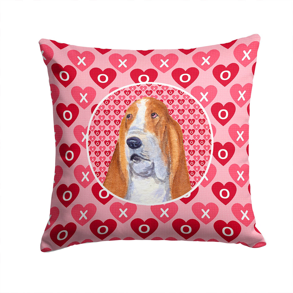 Basset Hound Hearts Love and Valentine's Day Portrait Decorative Throw Pillow 14x14 Indoor Outdoor Accent Cushion, Fabric Cover with Insert for Sofa, Bed, Porch & Living Room