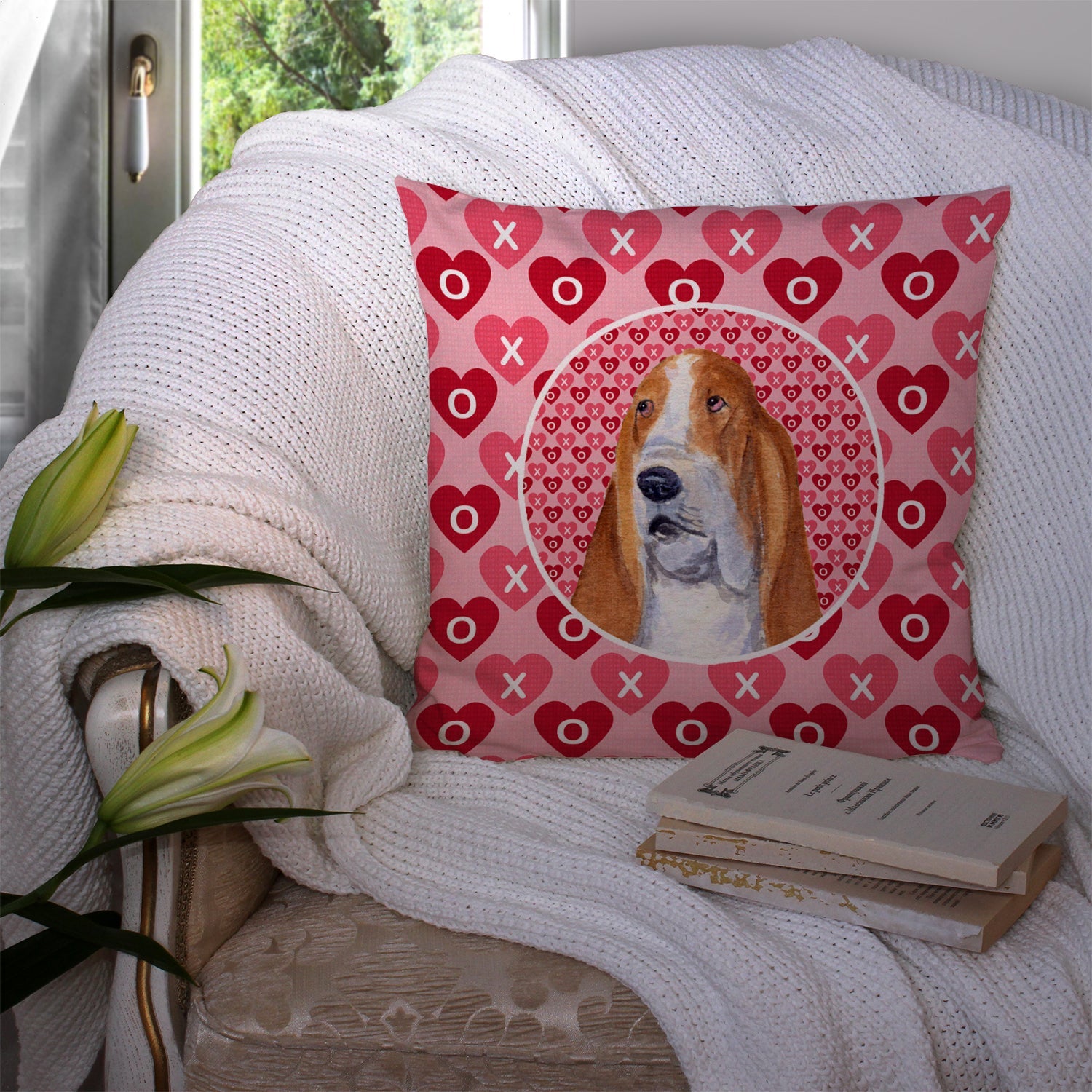 Basset Hound Hearts Love and Valentine's Day Portrait Decorative Throw Pillow 14x14 Indoor Outdoor Accent Cushion, Fabric Cover with Insert for Sofa, Bed, Porch & Living Room