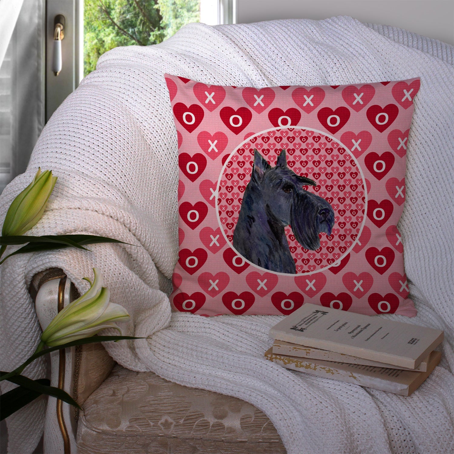 Scottish Terrier Hearts Love Valentine's Day Portrait Decorative Throw Pillow 14x14 Indoor Outdoor Accent Cushion, Fabric Cover with Insert for Sofa, Bed, Porch & Living Room