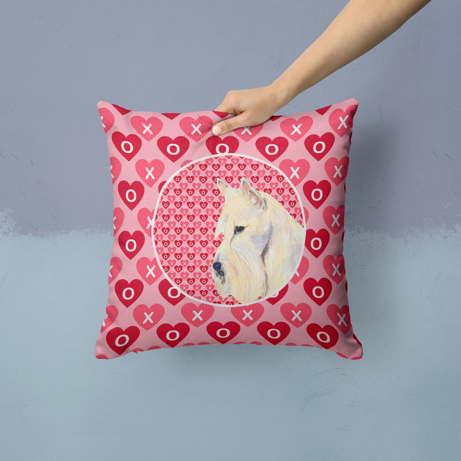 Scottish Terrier Hearts Love Valentine's Day Portrait Decorative Throw Pillow 14x14 Indoor Outdoor Accent Cushion, Fabric Cover with Insert for Sofa, Bed, Porch & Living Room