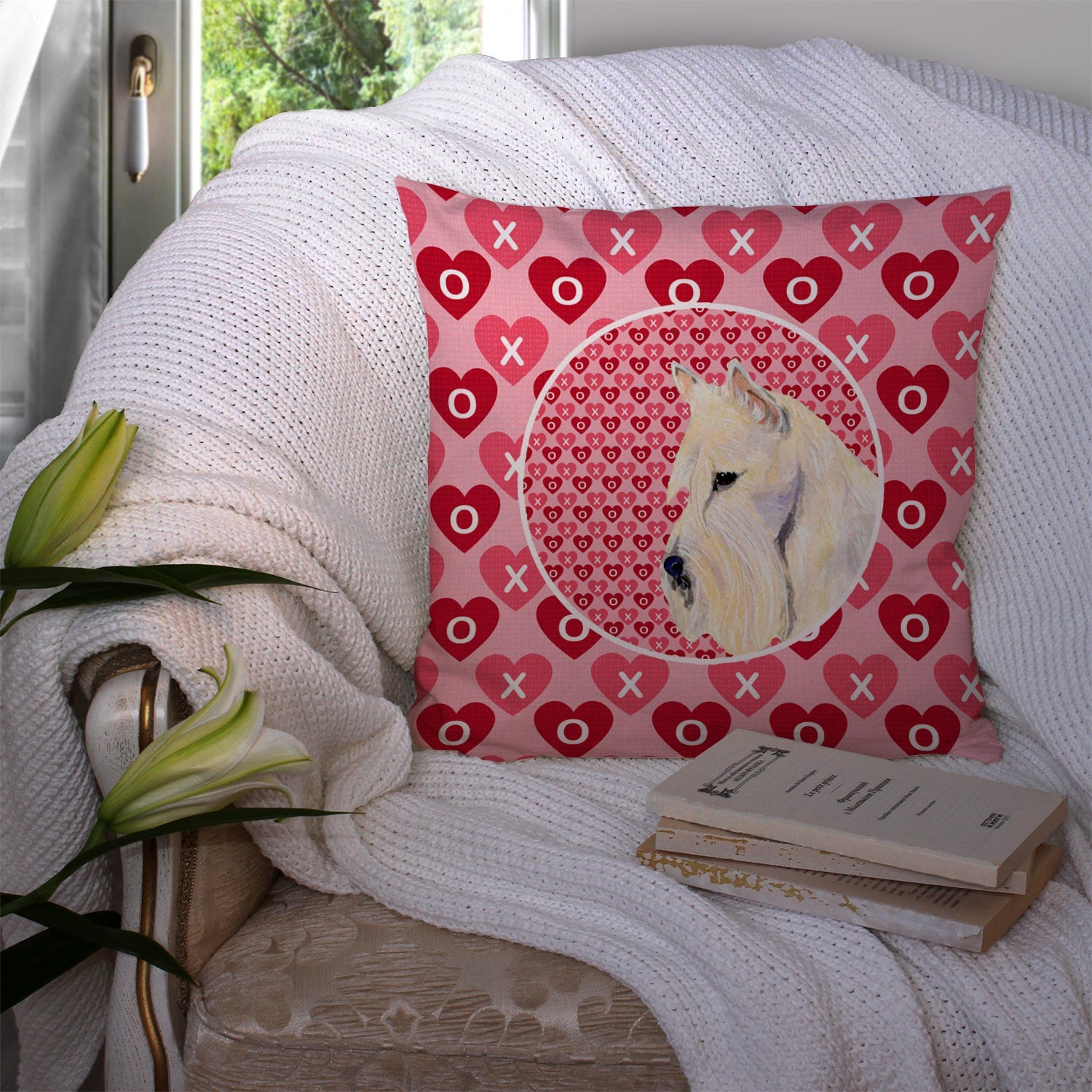 Scottish Terrier Hearts Love Valentine's Day Portrait Decorative Throw Pillow 14x14 Indoor Outdoor Accent Cushion, Fabric Cover with Insert for Sofa, Bed, Porch & Living Room