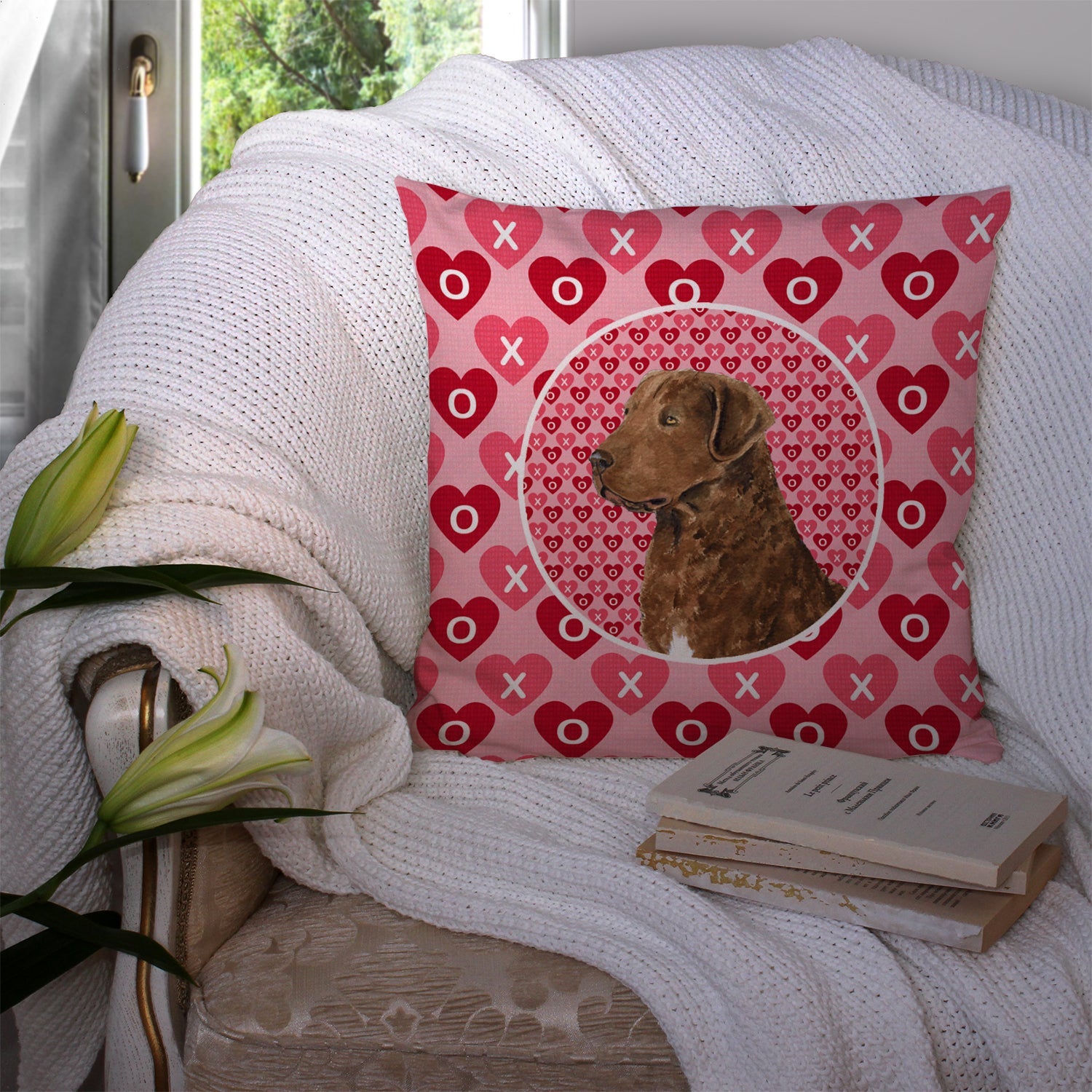 Chesapeake Bay Retriever Hearts Love and Valentine's Day Decorative Throw Pillow 14x14 Indoor Outdoor Accent Cushion, Fabric Cover with Insert for Sofa, Bed, Porch & Living Room