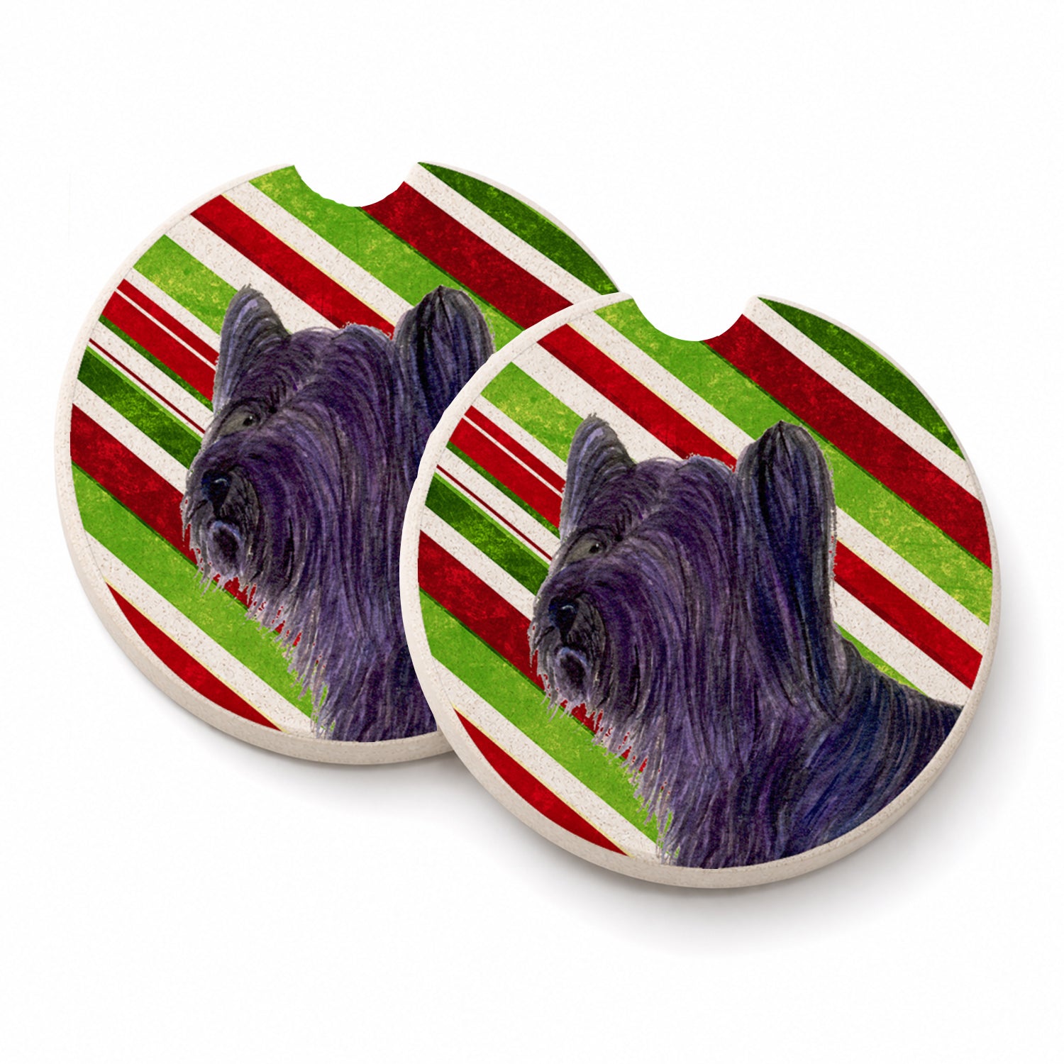 Skye Terrier Candy Cane Holiday Christmas Set of 2 Cup Holder Car Coasters Absorbent Round Sandstone Coasters Gifts for Men or Women, 2.5, Multicolor