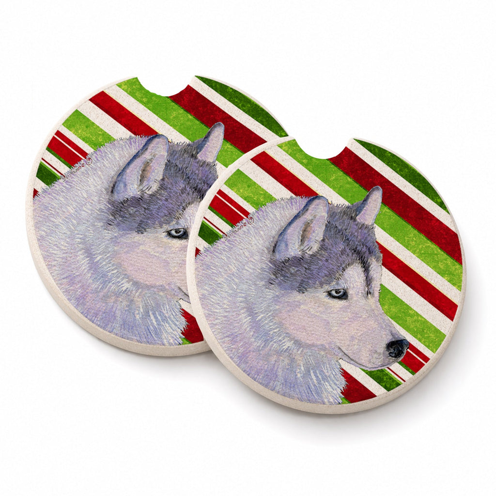 Siberian Husky Candy Cane Holiday Christmas Set of 2 Cup Holder Car Coasters Absorbent Round Sandstone Coasters Gifts for Men or Women, 2.5, Multicolor