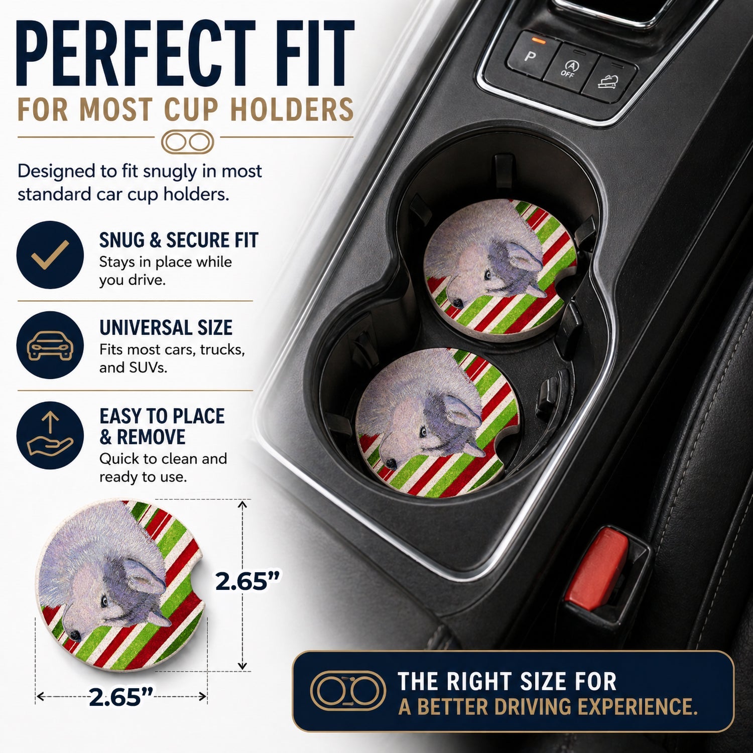 Siberian Husky Candy Cane Holiday Christmas Set of 2 Cup Holder Car Coasters Absorbent Round Sandstone Coasters Gifts for Men or Women, 2.5, Multicolor
