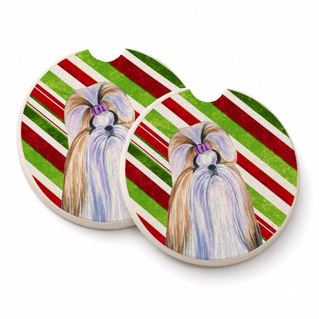 Shih Tzu Candy Cane Holiday Christmas Set of 2 Cup Holder Car Coasters Absorbent Round Sandstone Coasters Gifts for Men or Women, 2.5, Multicolor