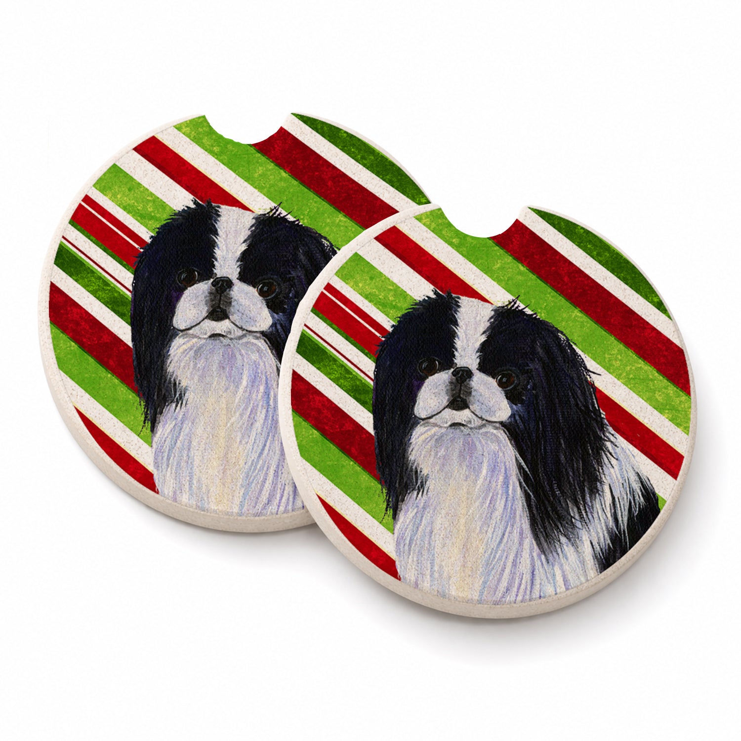 Japanese Chin Candy Cane Holiday Christmas Set of 2 Cup Holder Car Coasters Absorbent Round Sandstone Coasters Gifts for Men or Women, 2.5, Multicolor
