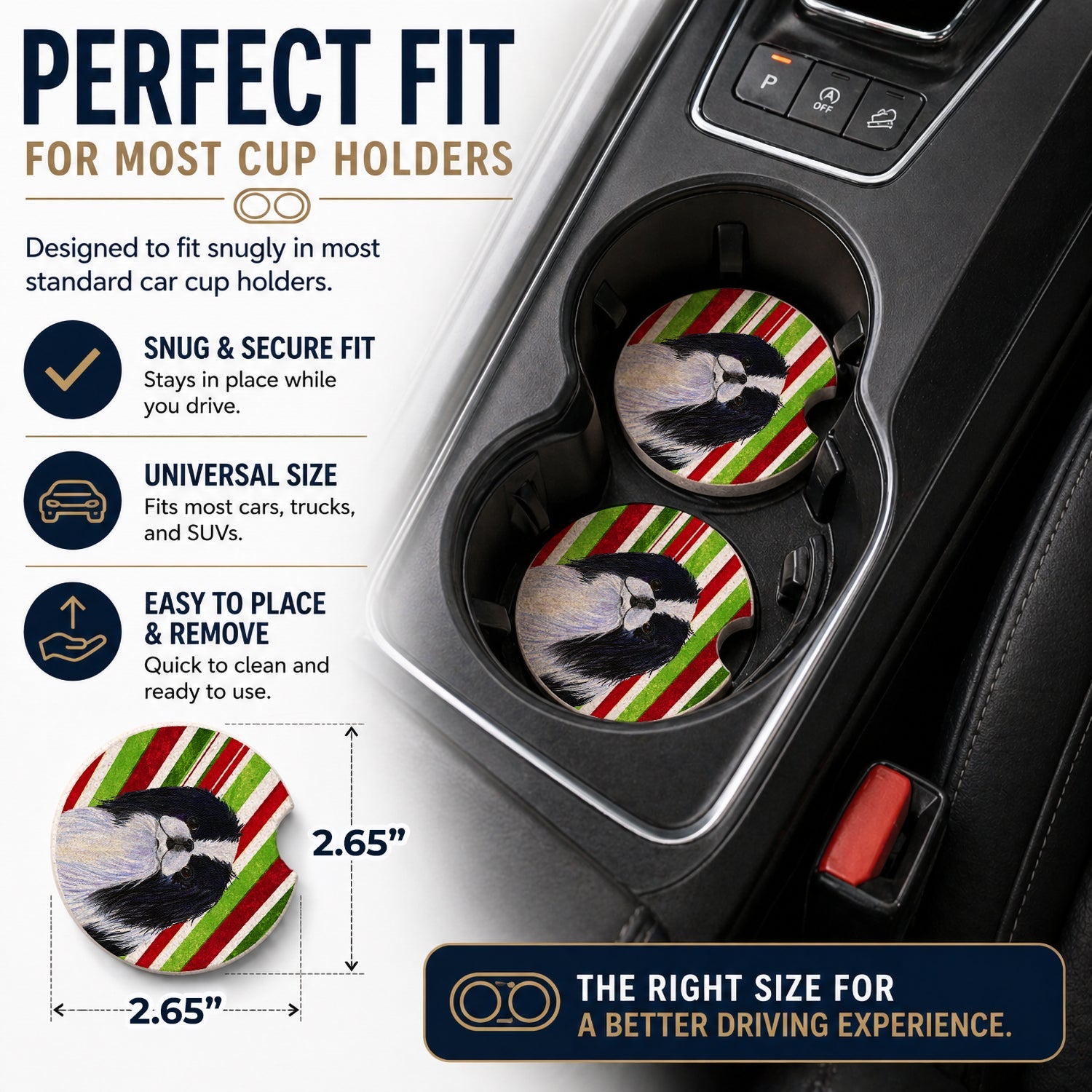 Japanese Chin Candy Cane Holiday Christmas Set of 2 Cup Holder Car Coasters Absorbent Round Sandstone Coasters Gifts for Men or Women, 2.5, Multicolor