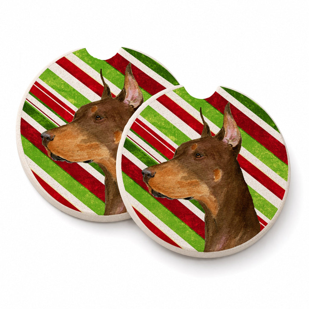 Doberman Candy Cane Holiday Christmas Set of 2 Cup Holder Car Coasters Absorbent Round Sandstone Coasters Gifts for Men or Women, 2.5, Multicolor