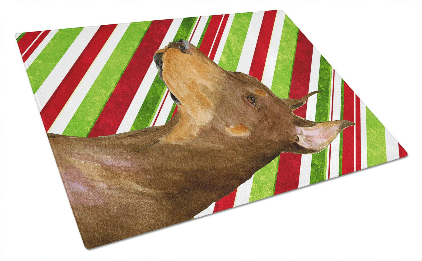 Doberman Candy Cane Holiday Christmas Cutting Board Tempered Glass Kitchen Cutting Surface, Heat Resistant Chopping, Non-Slip Feet, Food Prep & Serving