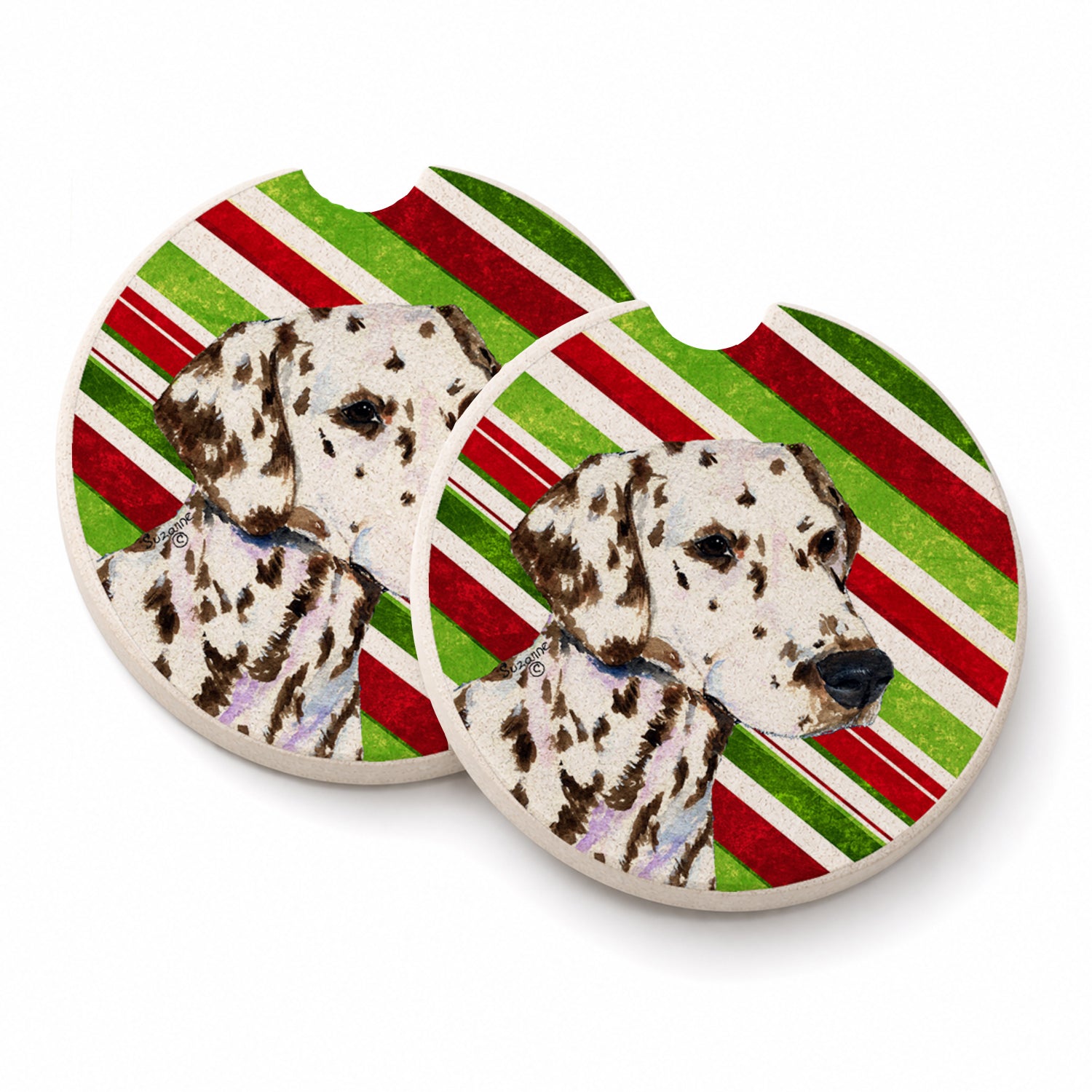 Dalmatian Candy Cane Holiday Christmas Set of 2 Cup Holder Car Coasters Absorbent Round Sandstone Coasters Gifts for Men or Women, 2.5, Multicolor