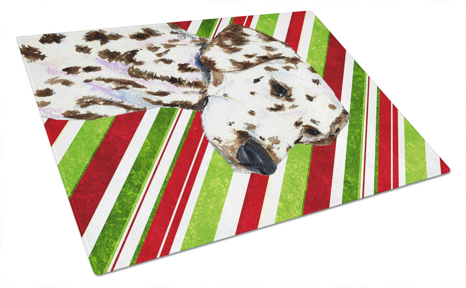 Dalmatian Candy Cane Holiday Christmas Cutting Board Tempered Glass Kitchen Cutting Surface, Heat Resistant Chopping, Non-Slip Feet, Food Prep & Serving