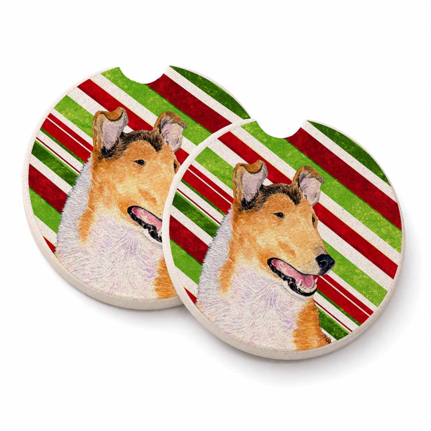 Collie Smooth Candy Cane Holiday Christmas Set of 2 Cup Holder Car Coasters Absorbent Round Sandstone Coasters Gifts for Men or Women, 2.5, Multicolor