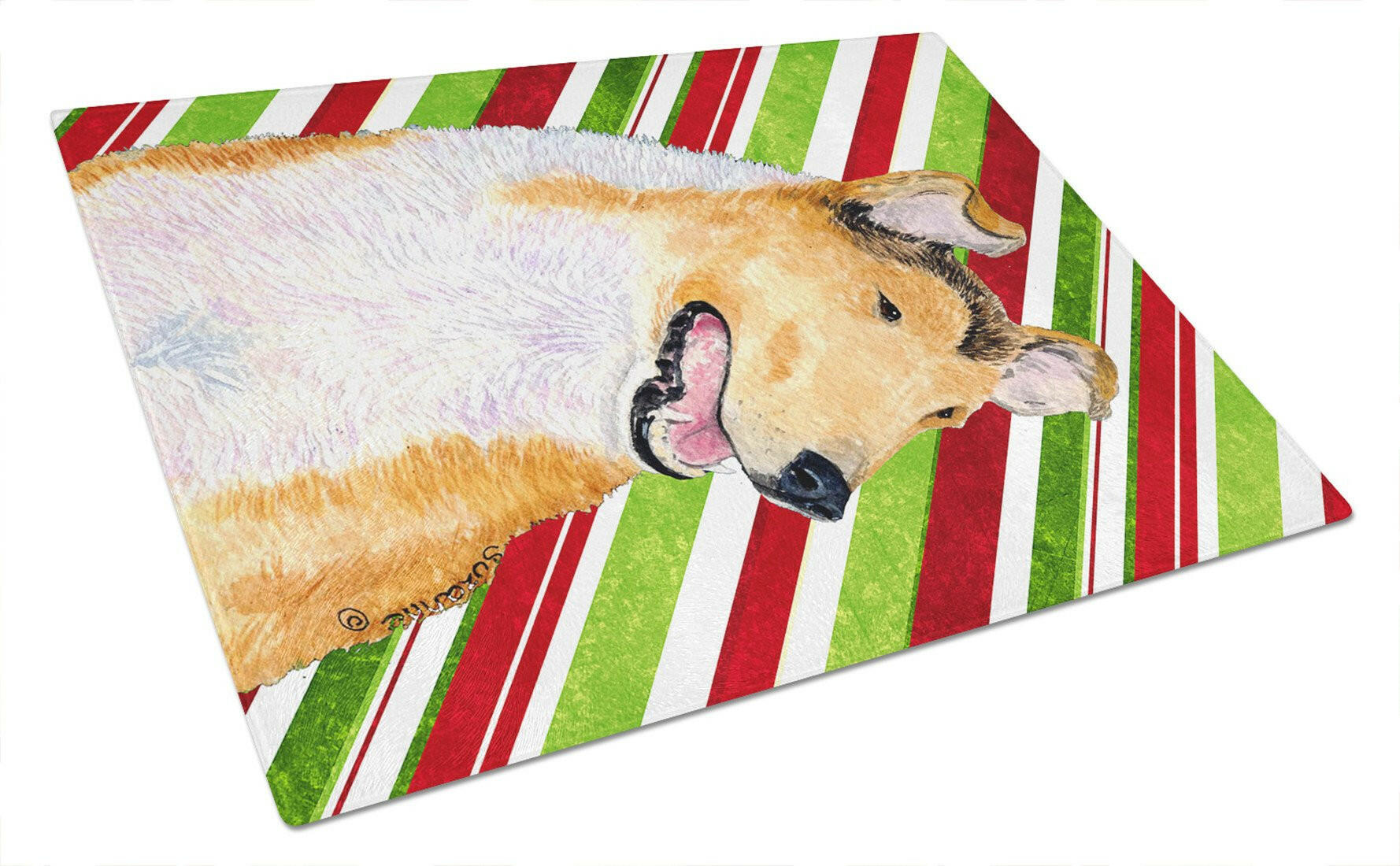 Collie Smooth Candy Cane Holiday Christmas Cutting Board Tempered Glass Kitchen Cutting Surface, Heat Resistant Chopping, Non-Slip Feet, Food Prep & Serving
