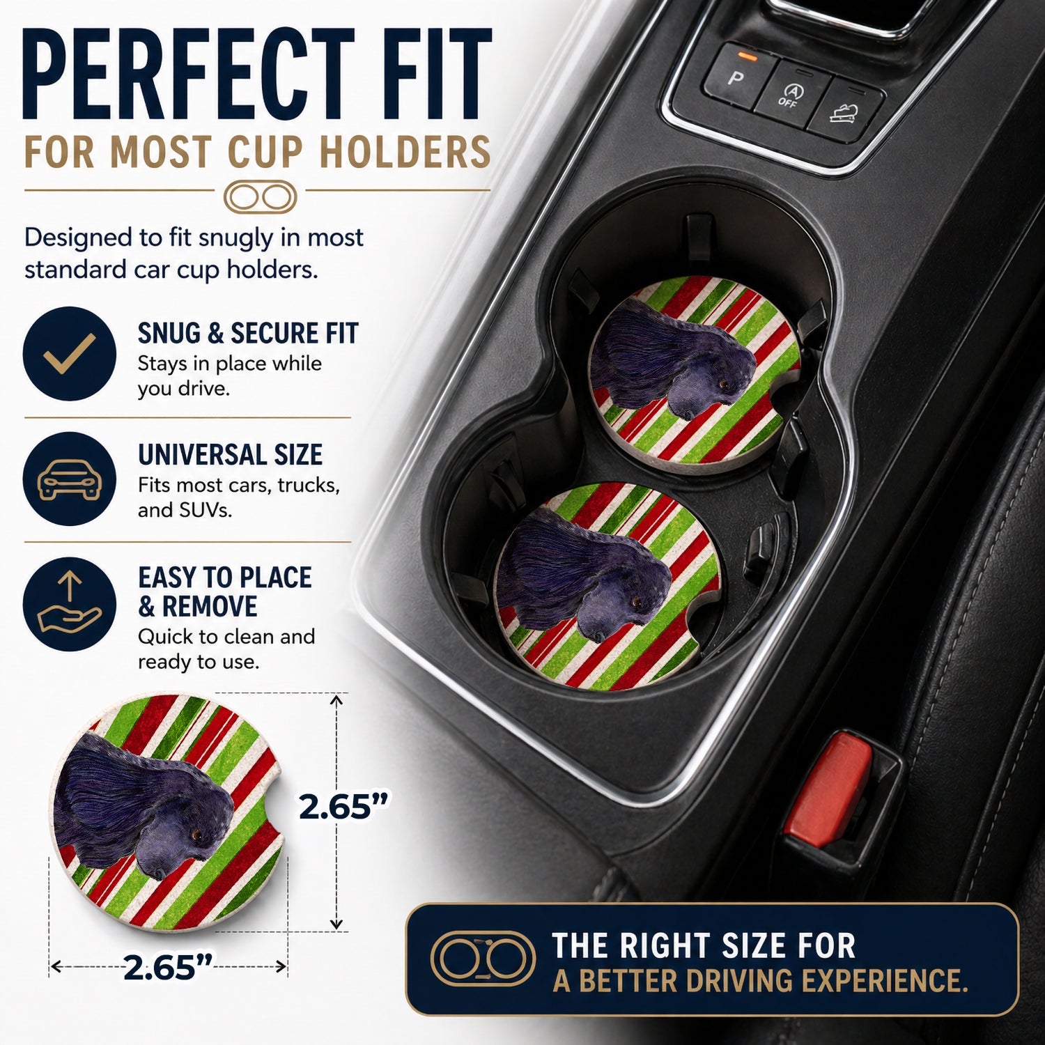 Cocker Spaniel Candy Cane Holiday Christmas Set of 2 Cup Holder Car Coasters Absorbent Round Sandstone Coasters Gifts for Men or Women, 2.5, Multicolor