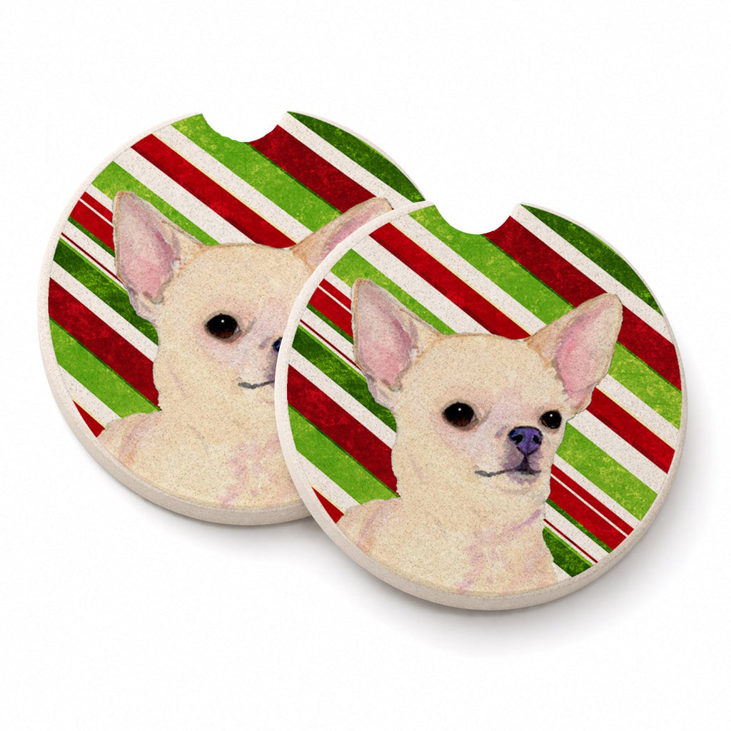 Chihuahua Candy Cane Holiday Christmas Set of 2 Cup Holder Car Coasters Absorbent Round Sandstone Coasters Gifts for Men or Women, 2.5, Multicolor