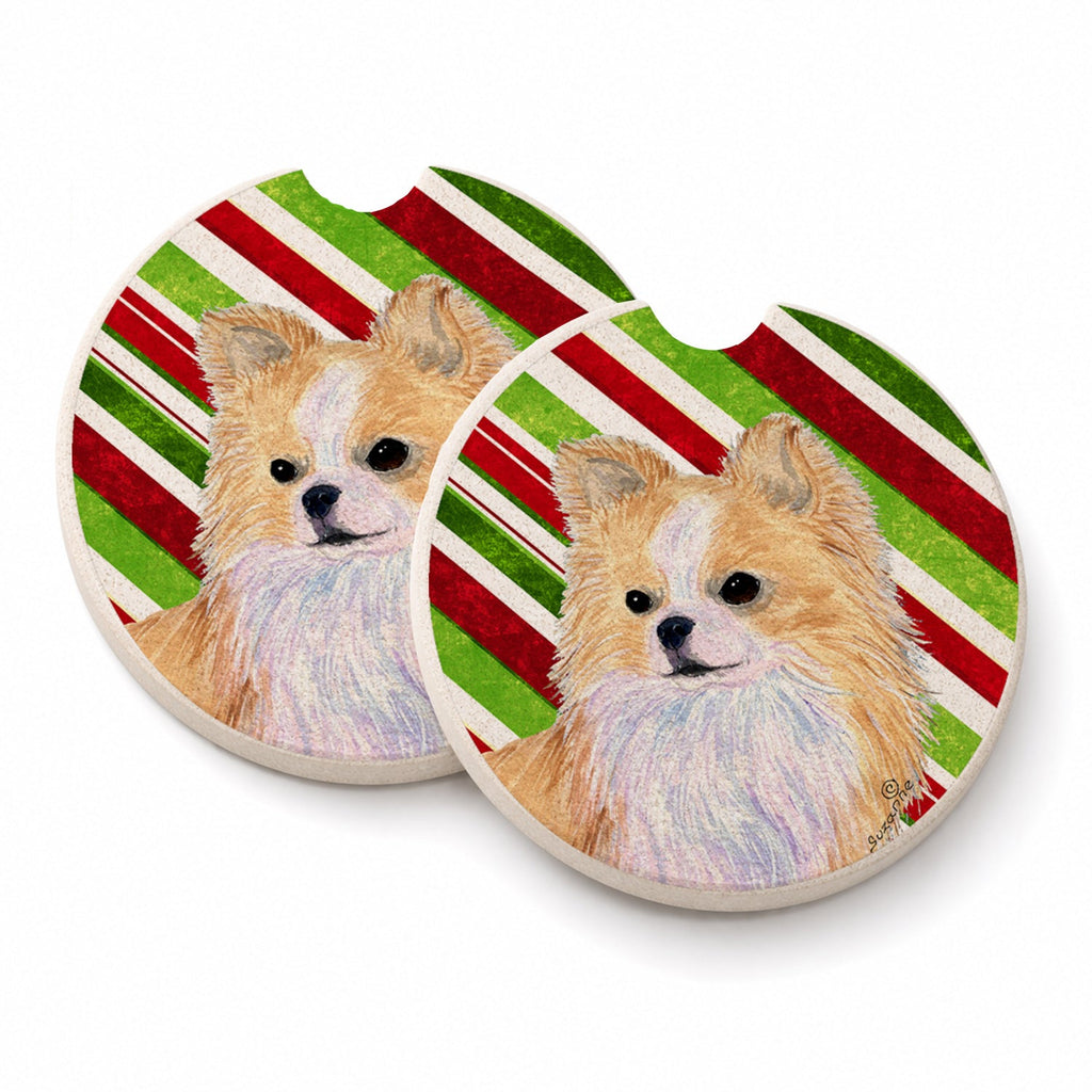 Chihuahua Candy Cane Holiday Christmas Set of 2 Cup Holder Car Coasters Absorbent Round Sandstone Coasters Gifts for Men or Women, 2.5, Multicolor