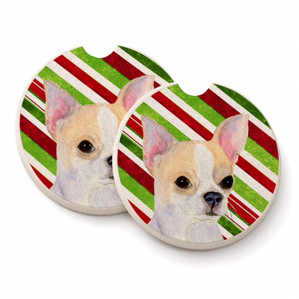 Chihuahua Candy Cane Holiday Christmas Set of 2 Cup Holder Car Coasters Absorbent Round Sandstone Coasters Gifts for Men or Women, 2.5, Multicolor