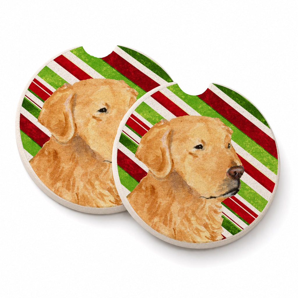 Golden Retriever Candy Cane Holiday Christmas Set of 2 Cup Holder Car Coasters Absorbent Round Sandstone Coasters Gifts for Men or Women, 2.5, Multicolor