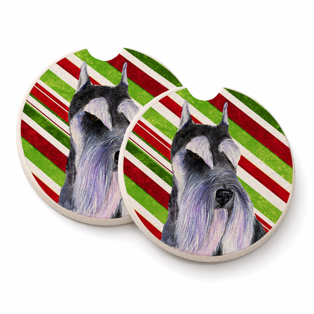 Schnauzer Candy Cane Holiday Christmas Set of 2 Cup Holder Car Coasters Absorbent Round Sandstone Coasters Gifts for Men or Women, 2.5, Multicolor