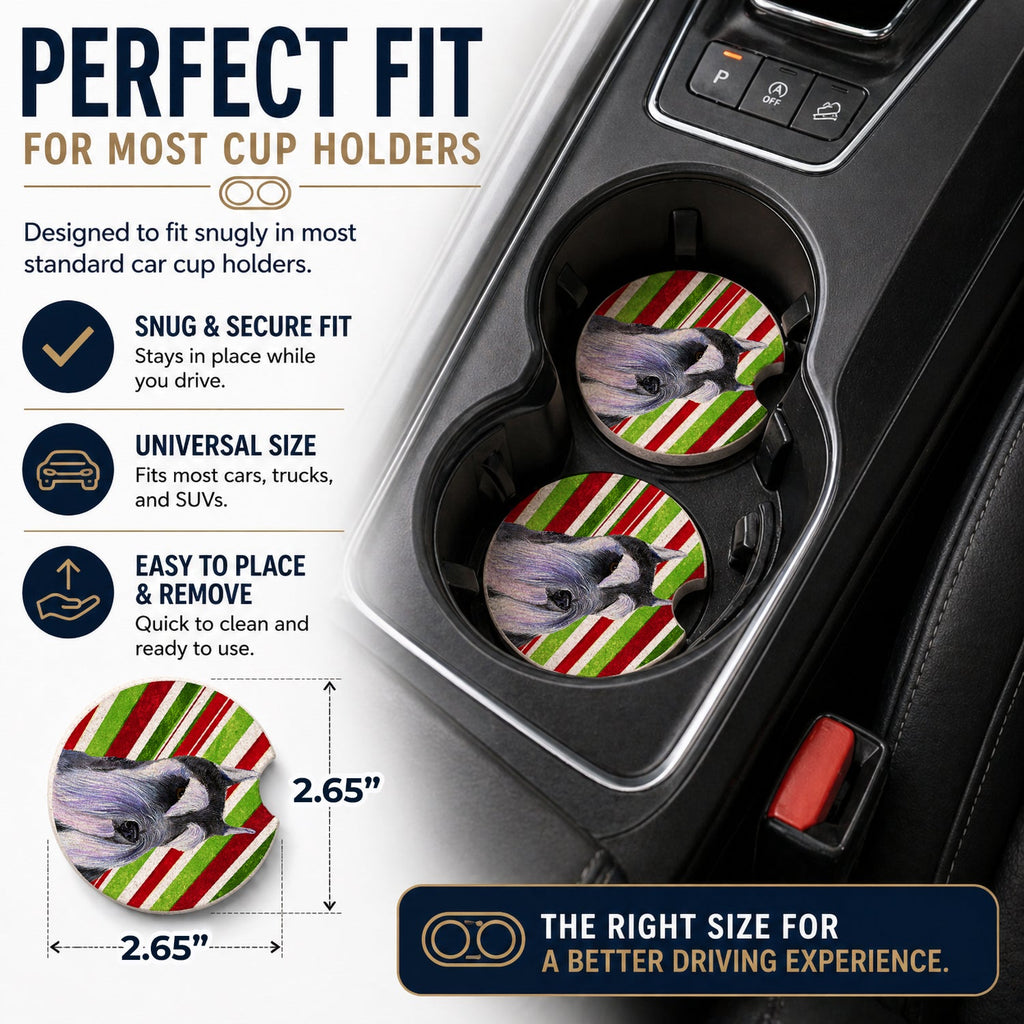 Schnauzer Candy Cane Holiday Christmas Set of 2 Cup Holder Car Coasters Absorbent Round Sandstone Coasters Gifts for Men or Women, 2.5, Multicolor
