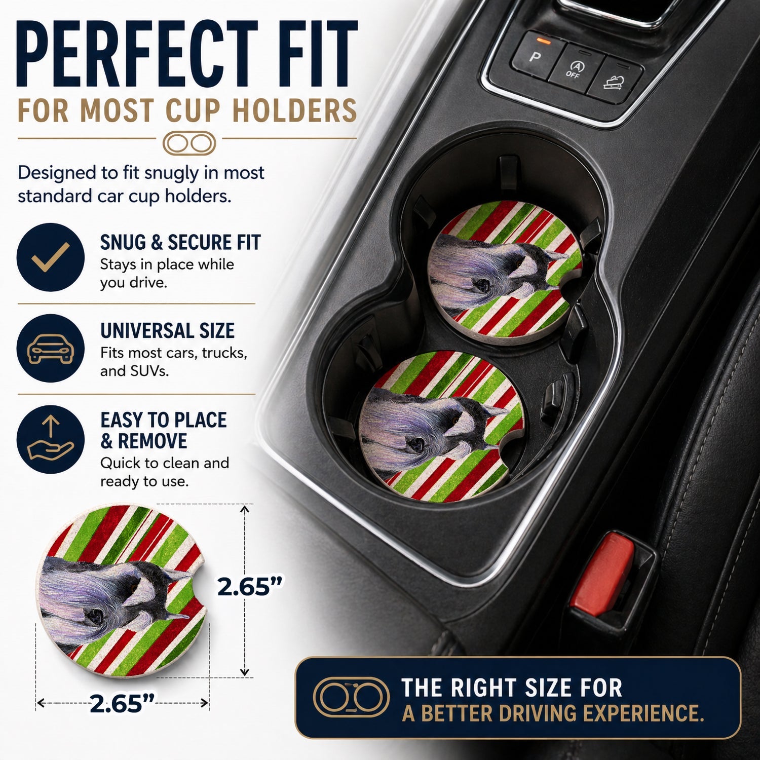 Schnauzer Candy Cane Holiday Christmas Set of 2 Cup Holder Car Coasters Absorbent Round Sandstone Coasters Gifts for Men or Women, 2.5, Multicolor