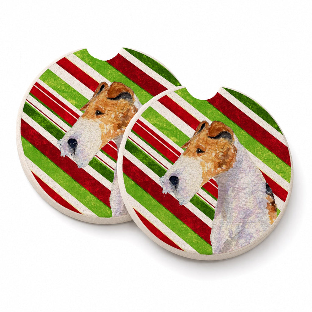 Fox Terrier Candy Cane Holiday Christmas Set of 2 Cup Holder Car Coasters Absorbent Round Sandstone Coasters Gifts for Men or Women, 2.5, Multicolor