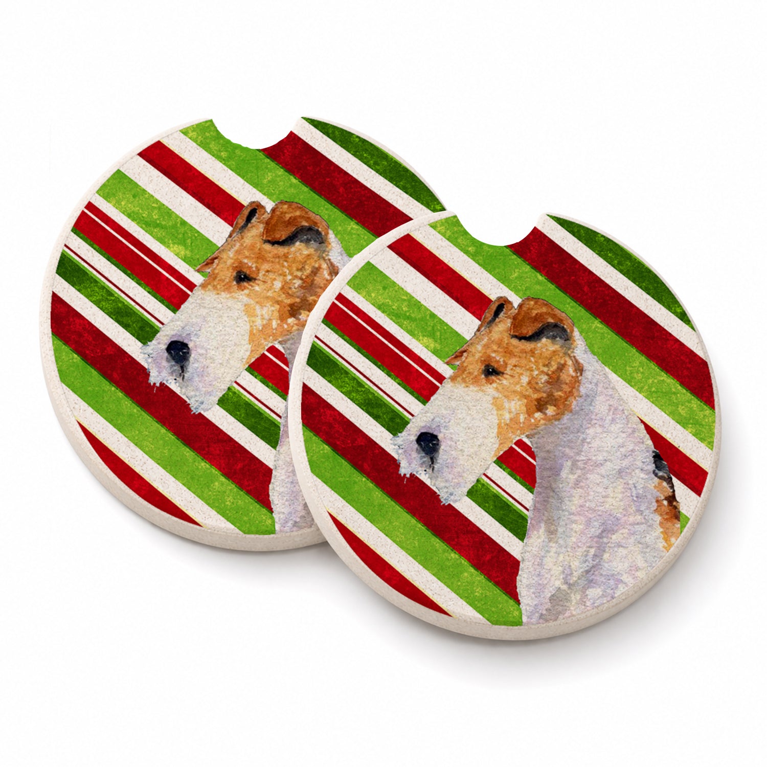 Fox Terrier Candy Cane Holiday Christmas Set of 2 Cup Holder Car Coasters Absorbent Round Sandstone Coasters Gifts for Men or Women, 2.5, Multicolor