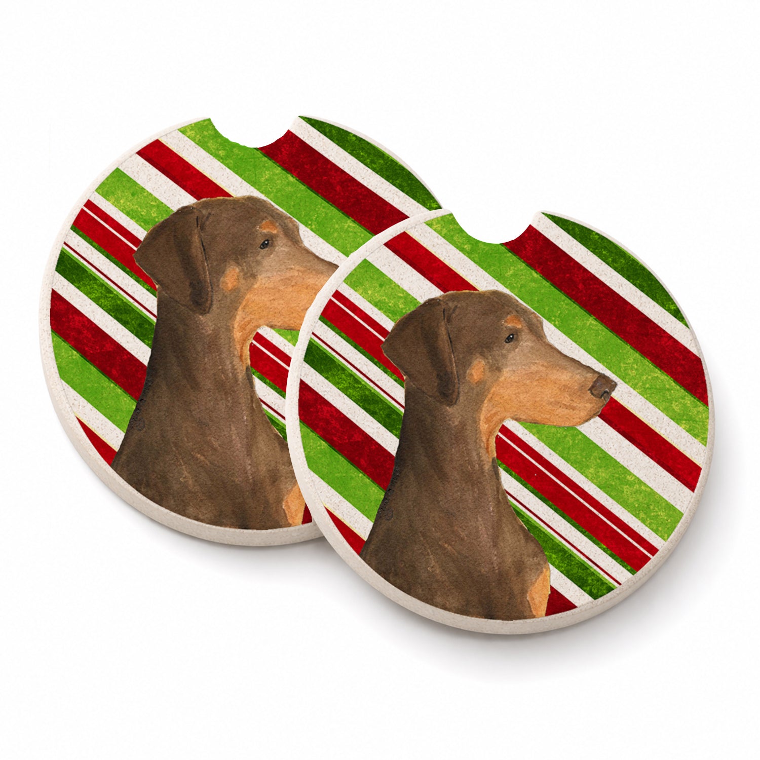 Doberman Candy Cane Holiday Christmas Set of 2 Cup Holder Car Coasters Absorbent Round Sandstone Coasters Gifts for Men or Women, 2.5, Multicolor
