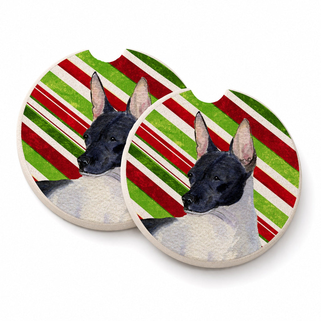 Rat Terrier Candy Cane Holiday Christmas Set of 2 Cup Holder Car Coasters Absorbent Round Sandstone Coasters Gifts for Men or Women, 2.5, Multicolor
