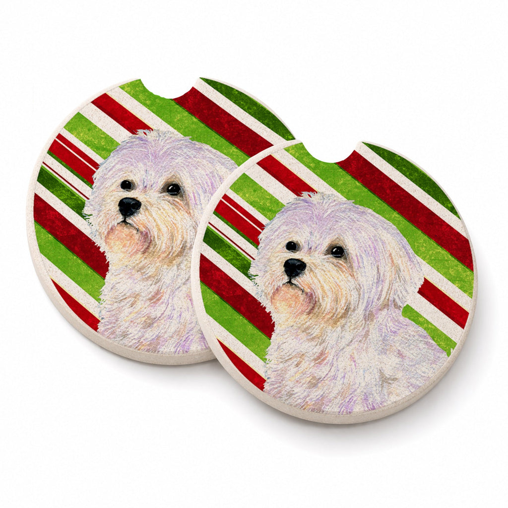 Maltese Candy Cane Holiday Christmas Set of 2 Cup Holder Car Coasters Absorbent Round Sandstone Coasters Gifts for Men or Women, 2.5, Multicolor