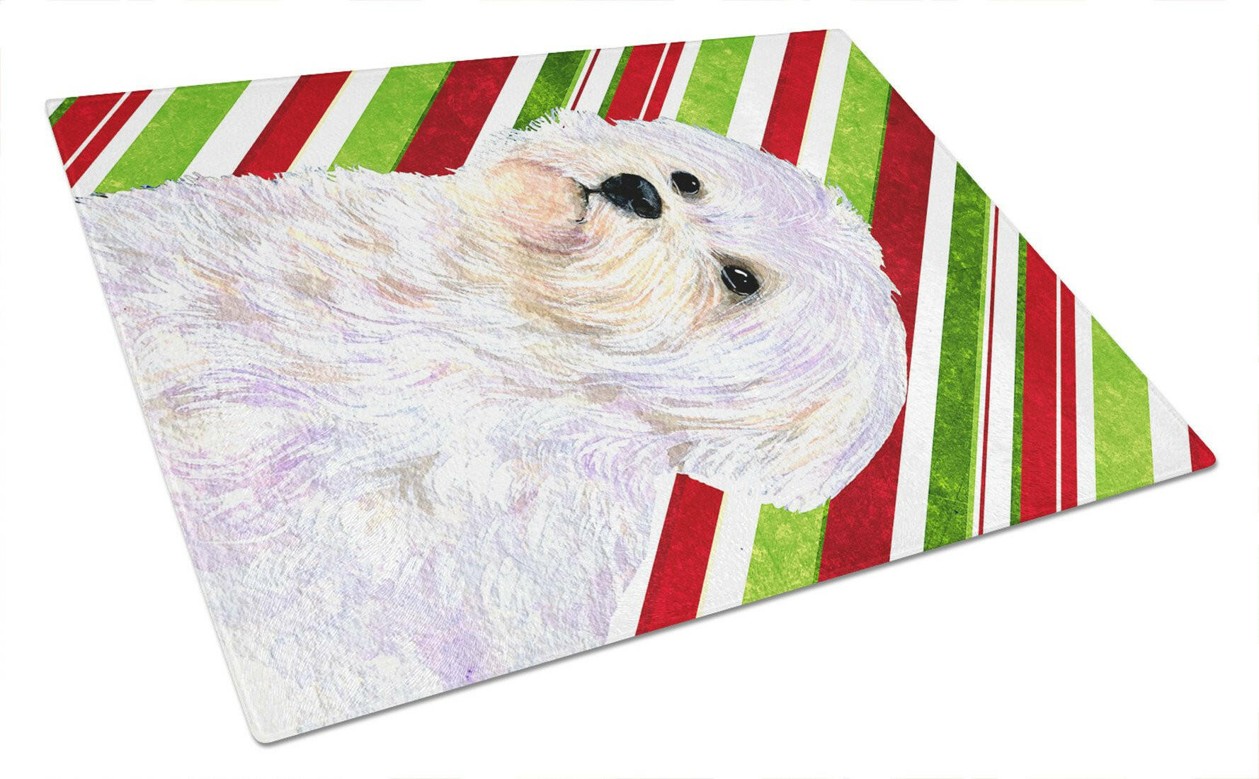Maltese Candy Cane Holiday Christmas Cutting Board Tempered Glass Kitchen Cutting Surface, Heat Resistant Chopping, Non-Slip Feet, Food Prep & Serving