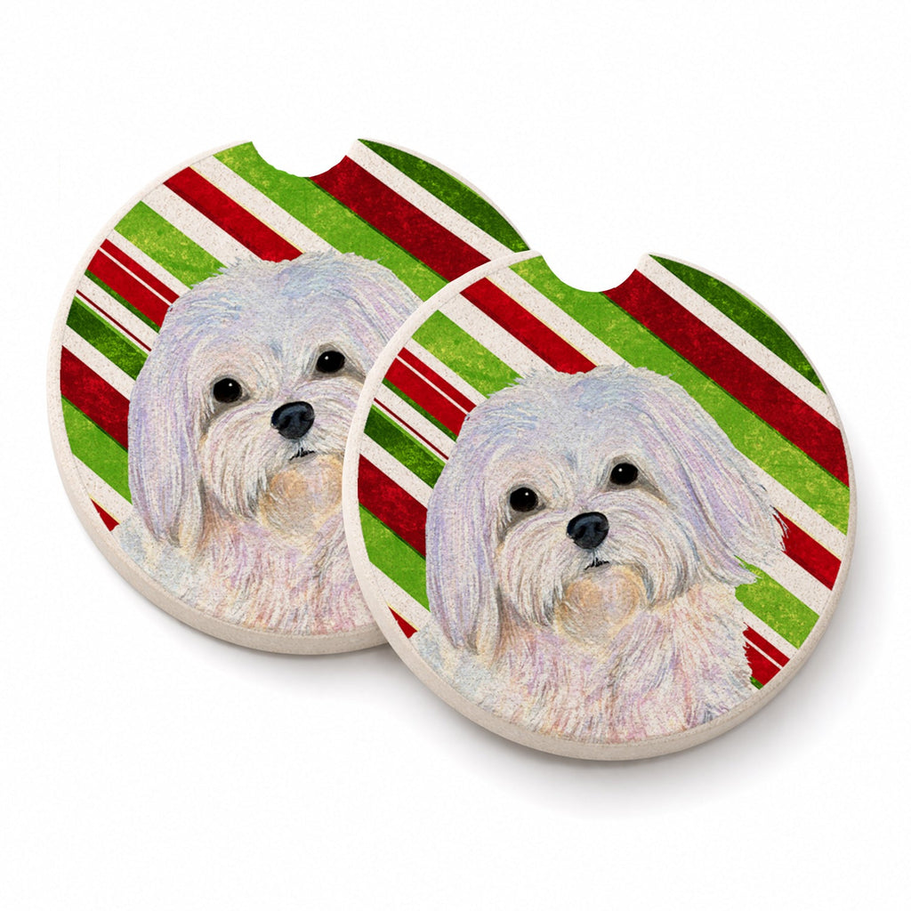 Maltese Candy Cane Holiday Christmas Set of 2 Cup Holder Car Coasters Absorbent Round Sandstone Coasters Gifts for Men or Women, 2.5, Multicolor