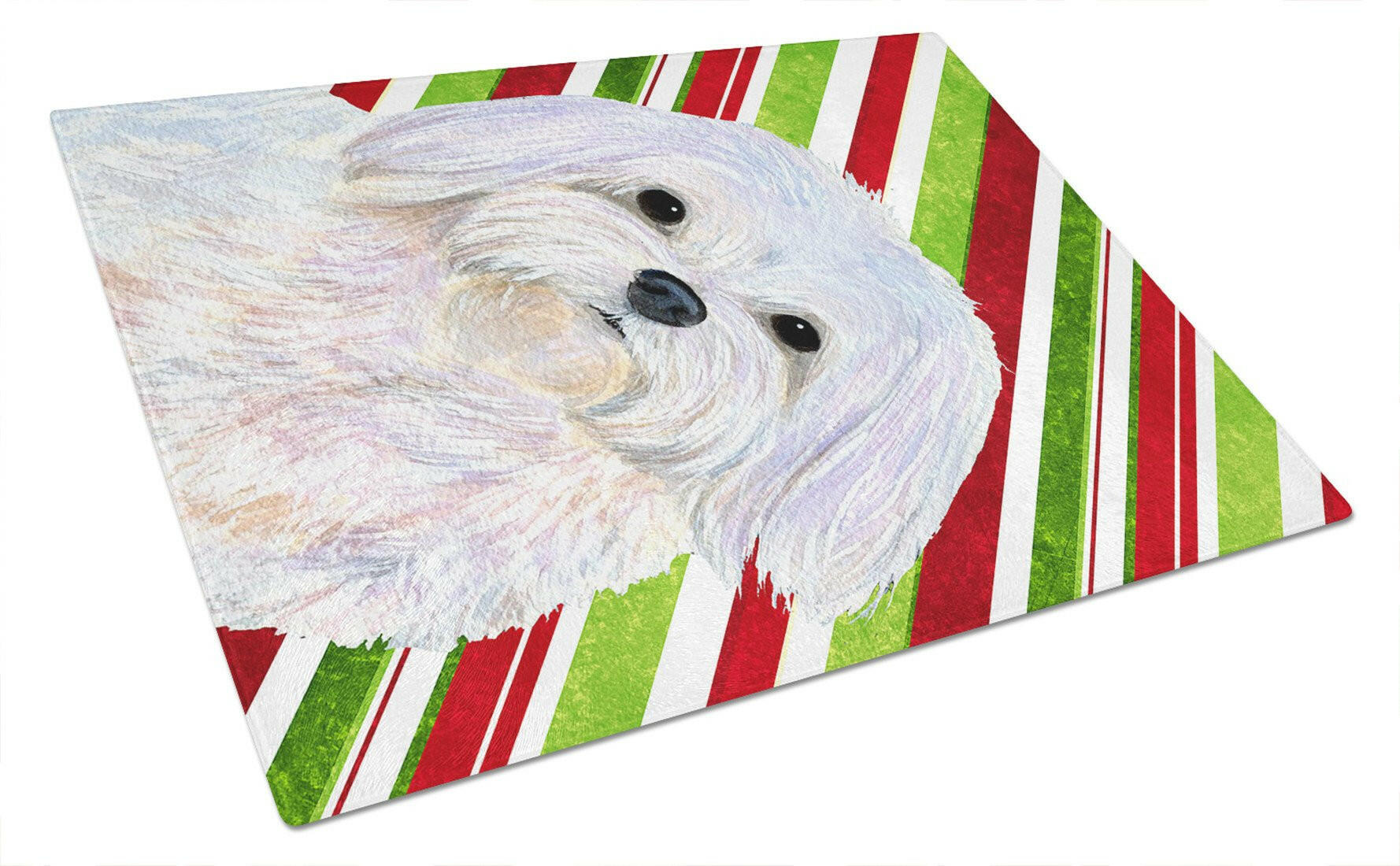 Maltese Candy Cane Holiday Christmas Cutting Board Tempered Glass Kitchen Cutting Surface, Heat Resistant Chopping, Non-Slip Feet, Food Prep & Serving